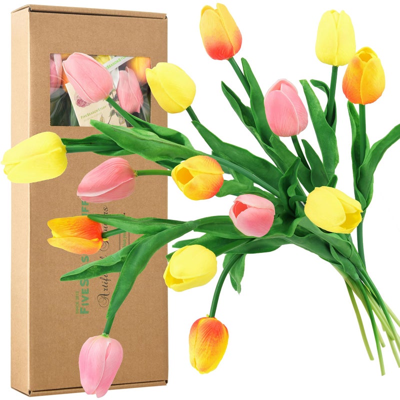 FiveSeasonStuff Orange, Yellow & Pink 15 Stems Real Touch Artificial Tulips, Soft PU Faux Flowers with Bendable Stems for Vase Centerpieces, Home & Wedding Decor - Image 1